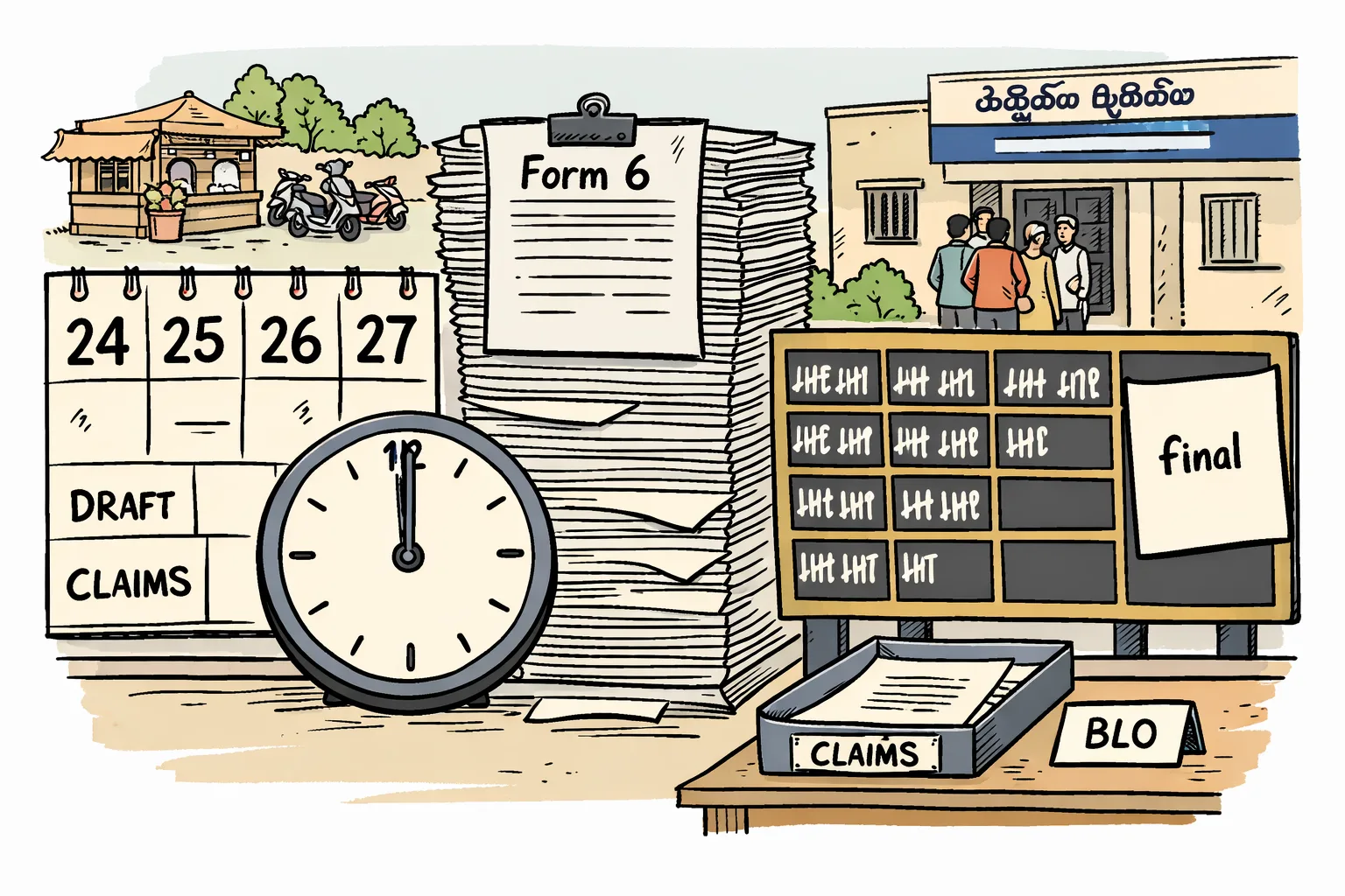 A Telangana election-office desk holds a large calendar marked with the revision dates, stacks of enumeration forms, a Form 6 application and a half-filled counting board whose final number is covered by a blank sheet; a queue of small unidentifiable figures waits outside a Hyderabad-style office.