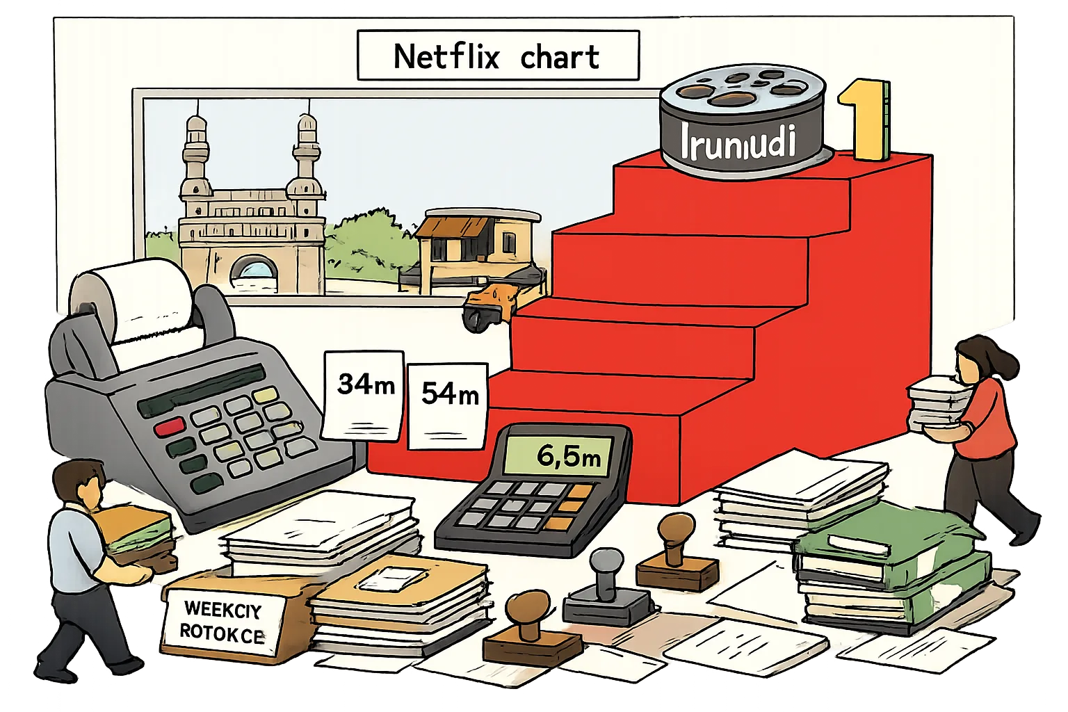 A giant streaming chart places a film reel labelled Irumudi at number one above two separate 3.4 million slips, a calculator showing 6.8 million, and stacks of office paperwork in a Hyderabad setting.