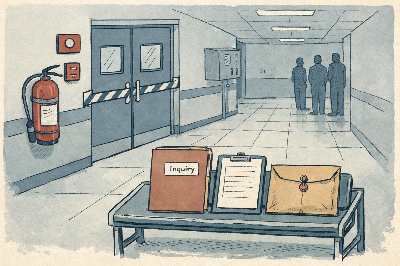 A quiet hospital corridor outside an SNCU with a closed doorway, a fire extinguisher, a fire alarm and an inquiry file resting on a metal bench.