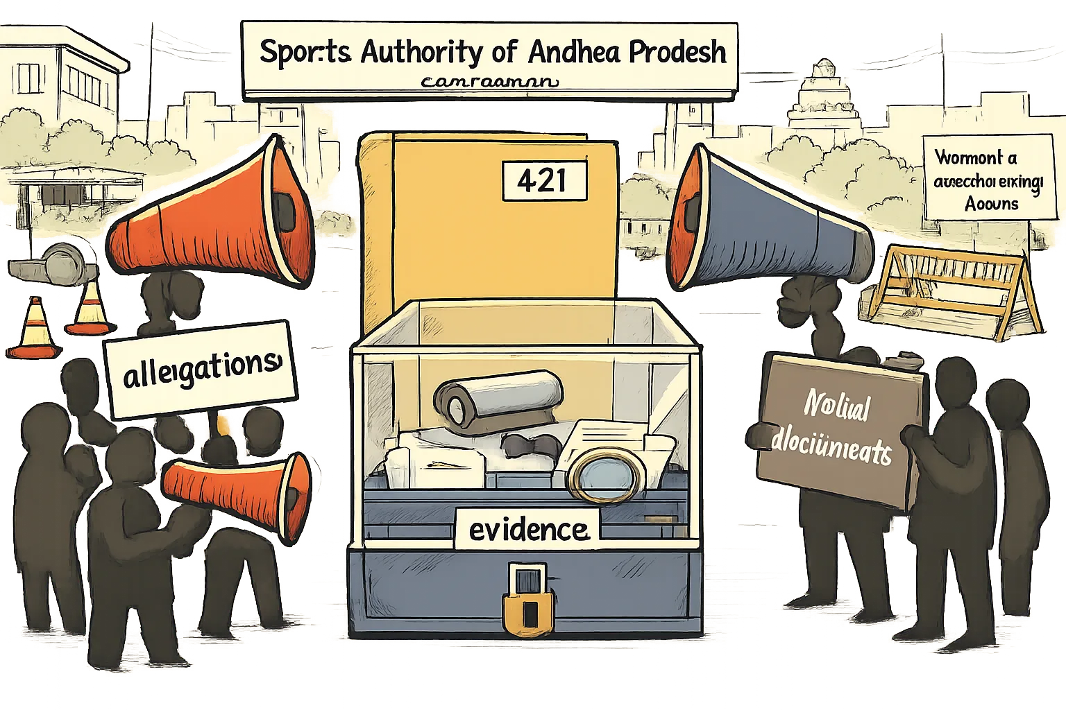 A cartoon outside the Sports Authority of Andhra Pradesh office shows opposing anonymous groups with oversized megaphones beside a police barricade, while a small locked evidence box marked “evidence” and a file numbered 421 sit between them.