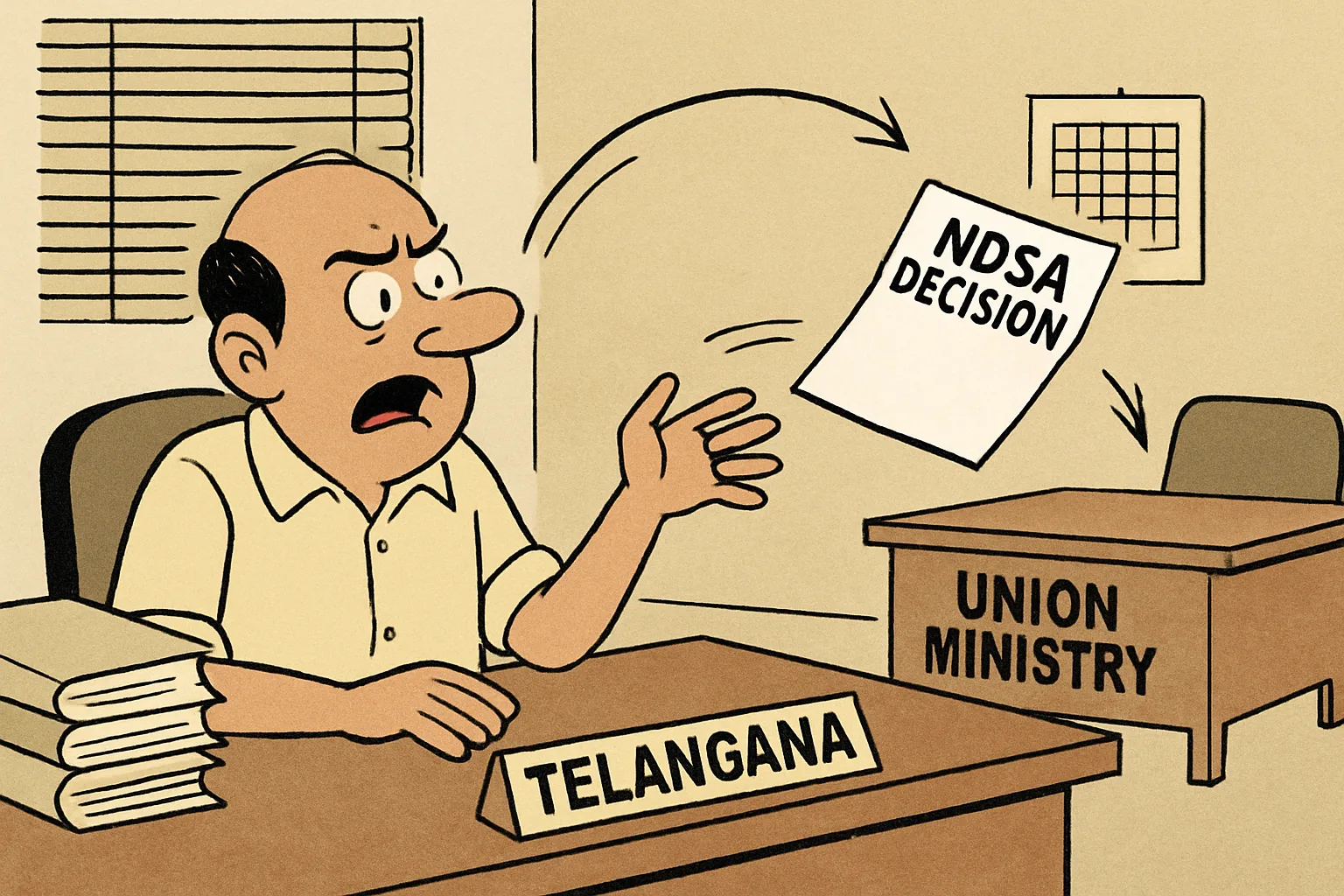 A bureaucrat at a desk in a Telangana government office holds a letter that bounces back and forth between his desk and a distant ministerial desk, shown by curved arrows. Files and office furniture fill the background.