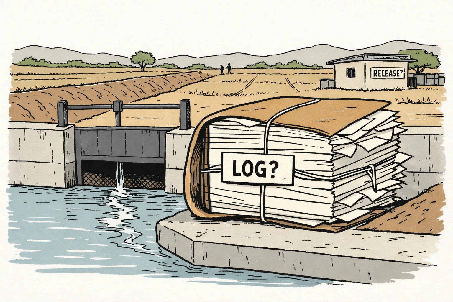 A dry canal beside the Wyra reservoir has a gate lifted only slightly, while a huge locked file marked with a small irrigation-office label sits on the bank and water trickles past it toward fields.