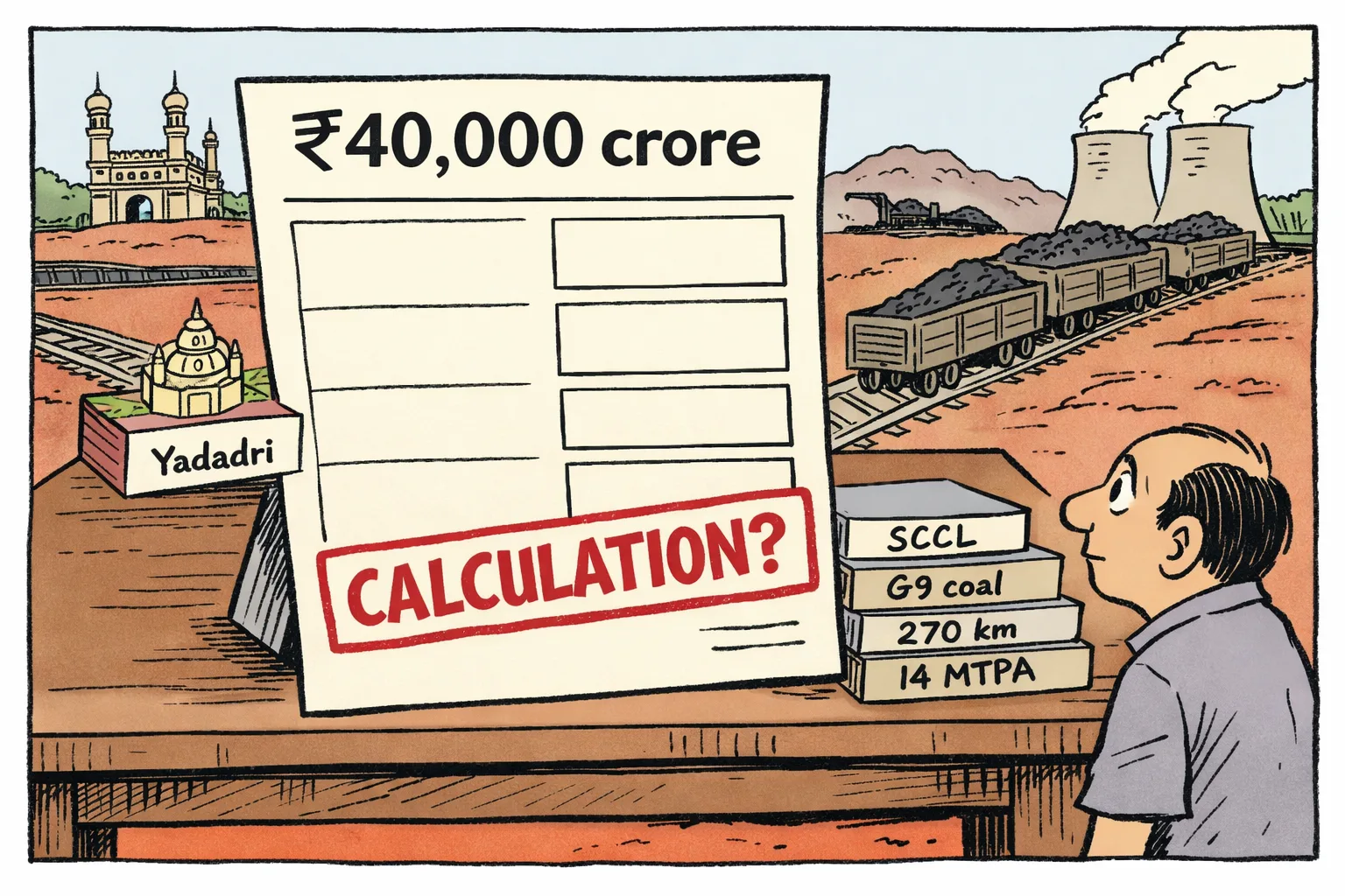 A giant nearly blank bill marked ₹40,000 crore is pushed across a Telangana office desk, while smaller files labelled SCCL, G9 coal, 270 km and 14 MTPA sit beside a Yadadri power-plant model and rail line.