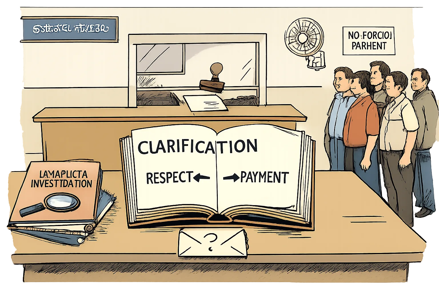 A satirical drawing of a Karnataka grievance-office desk where an oversized dictionary labelled “CLARIFICATION” hovers over a small envelope, while a Lokayukta file and waiting citizens sit nearby.