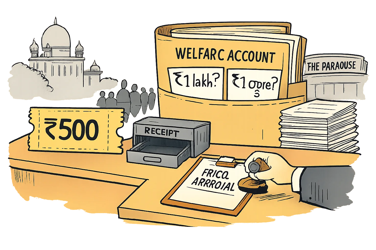 A cartoon shows a ₹500 cinema ticket and a stamped price approval beside a welfare-account file marked with disputed amounts, an empty receipt drawer and unresolved court papers.