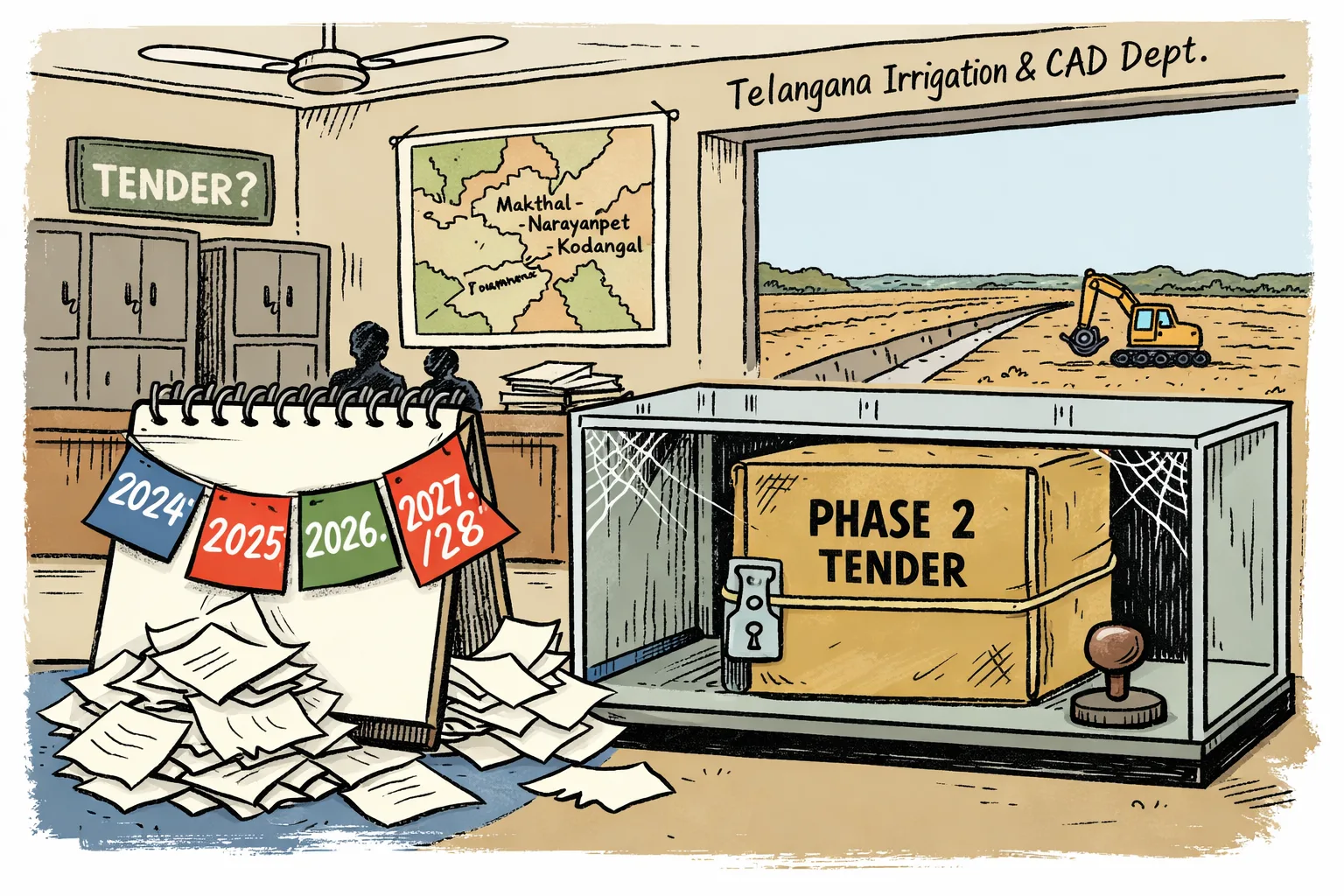A giant deadline-filled calendar stands beside a locked file labelled Phase 2 Tender in a Telangana irrigation office, while an idle excavator and unfinished canal are visible outside.
