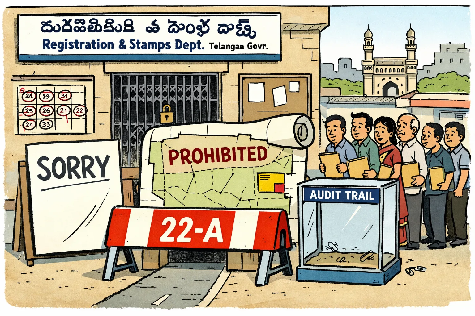 A giant Section 22-A barrier blocks a Telangana registration office, while an apology letter stands beside an empty case labelled audit trail and a land map shows an entire parcel marked prohibited despite only a small restricted portion.