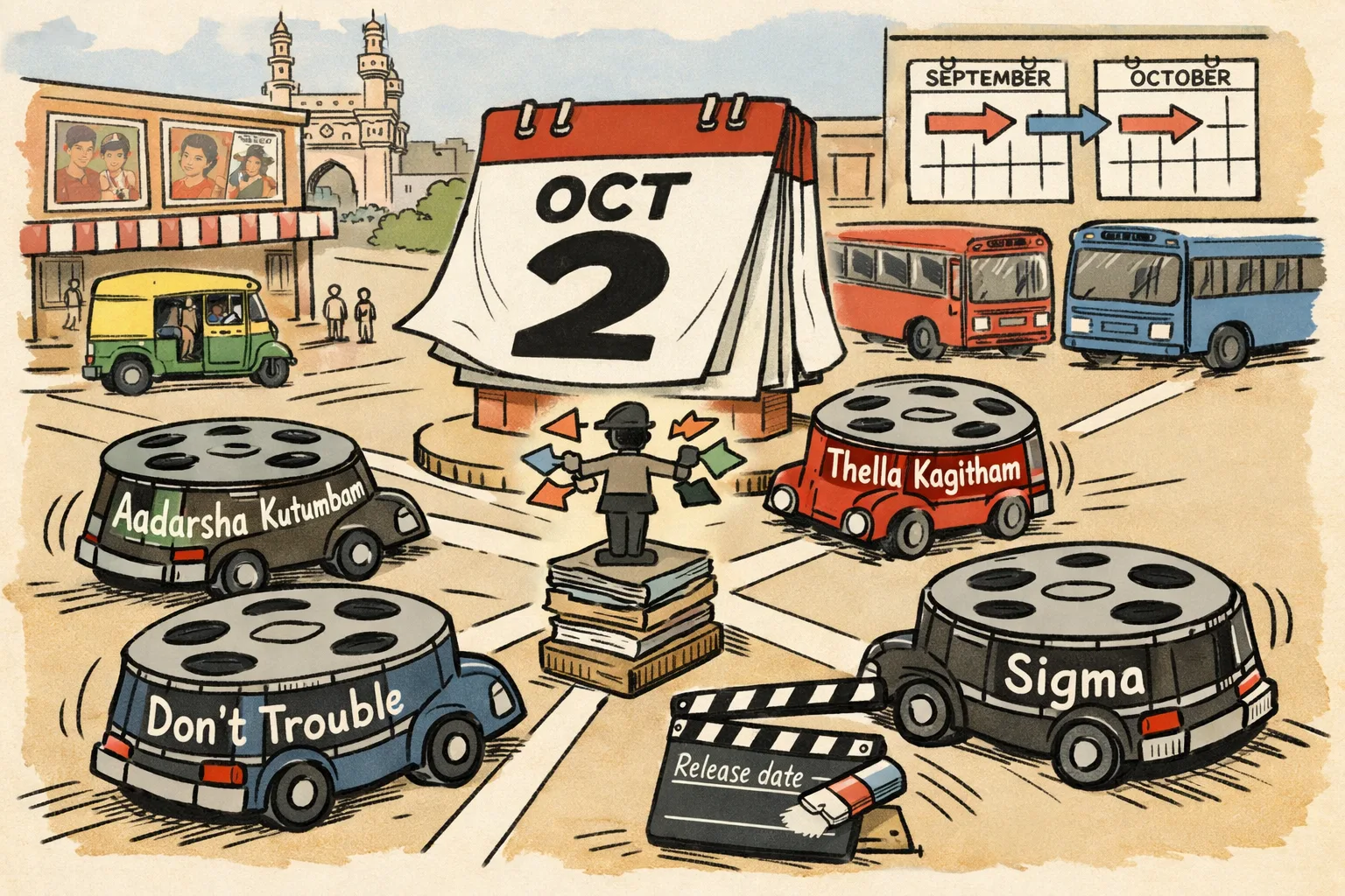 Four labelled film reels converge on a Hyderabad junction marked October 2 while an oversized calendar and a traffic controller struggle to manage the crowded release dates.