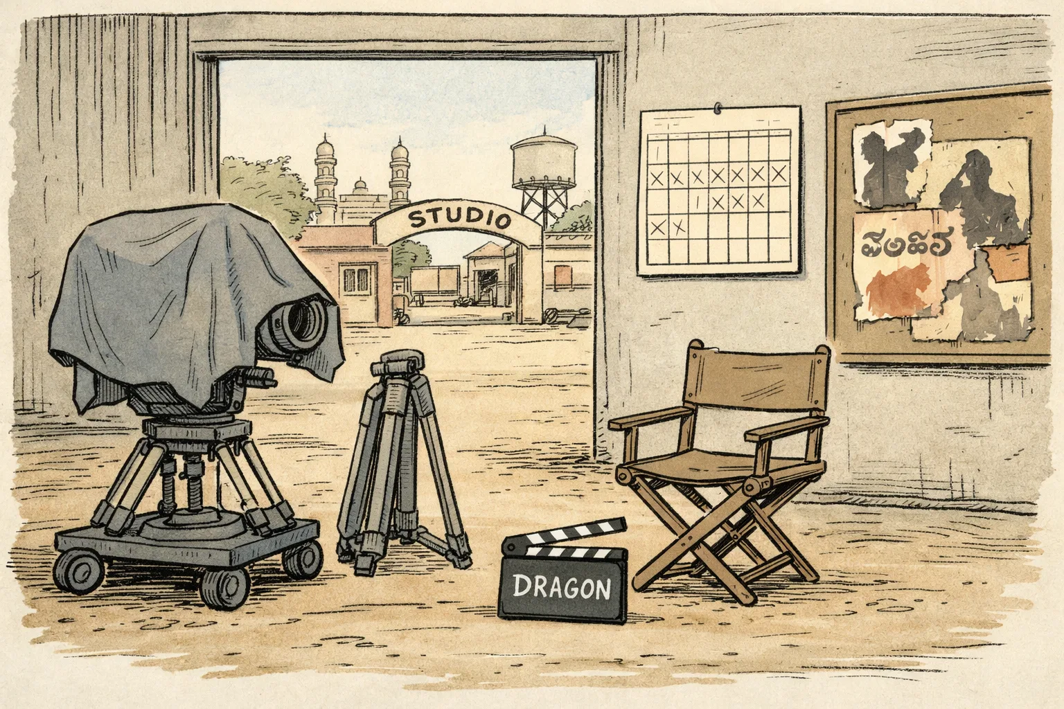 A quiet Hyderabad film production set with a covered camera, a clapperboard marked “DRAGON,” and a calendar beside a resting chair, while sunlight falls across the empty floor.