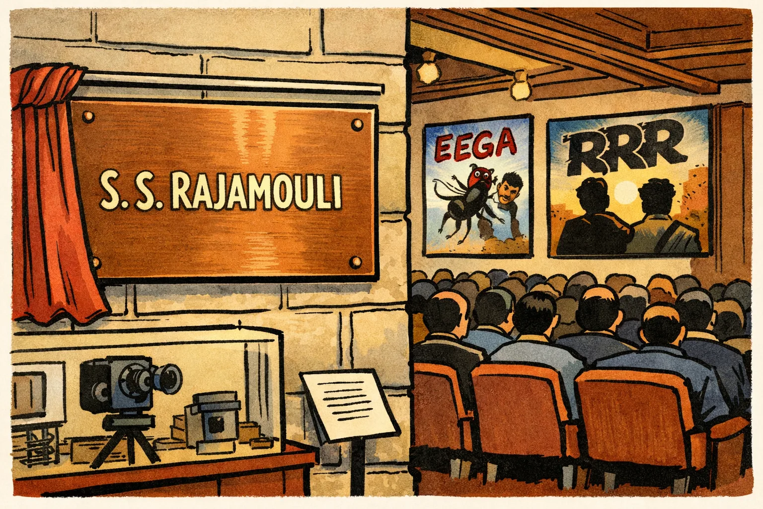 A copper plaque bearing the name S. S. Rajamouli is being mounted on the Institut Lumière’s Wall of Filmmakers in Lyon, with Eega and RRR posters and a full cinema hall visible nearby.