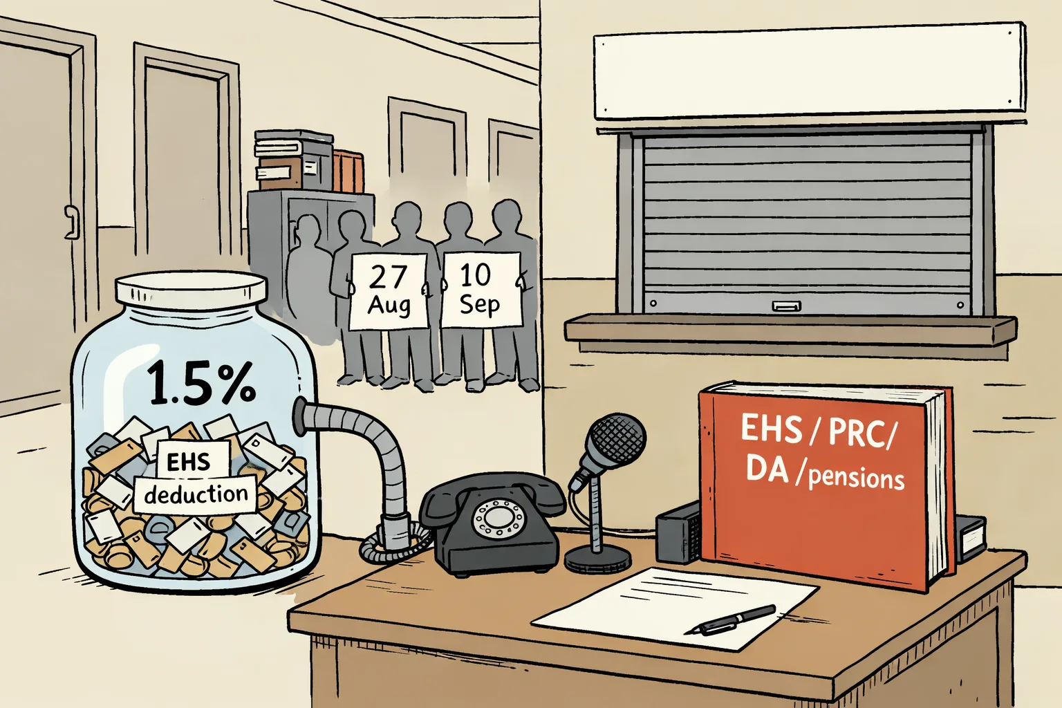 A jar marked 1.5% sits full beside a locked hospital-service counter, while a large government file and silent telephone face a line of employees holding calendar placards.