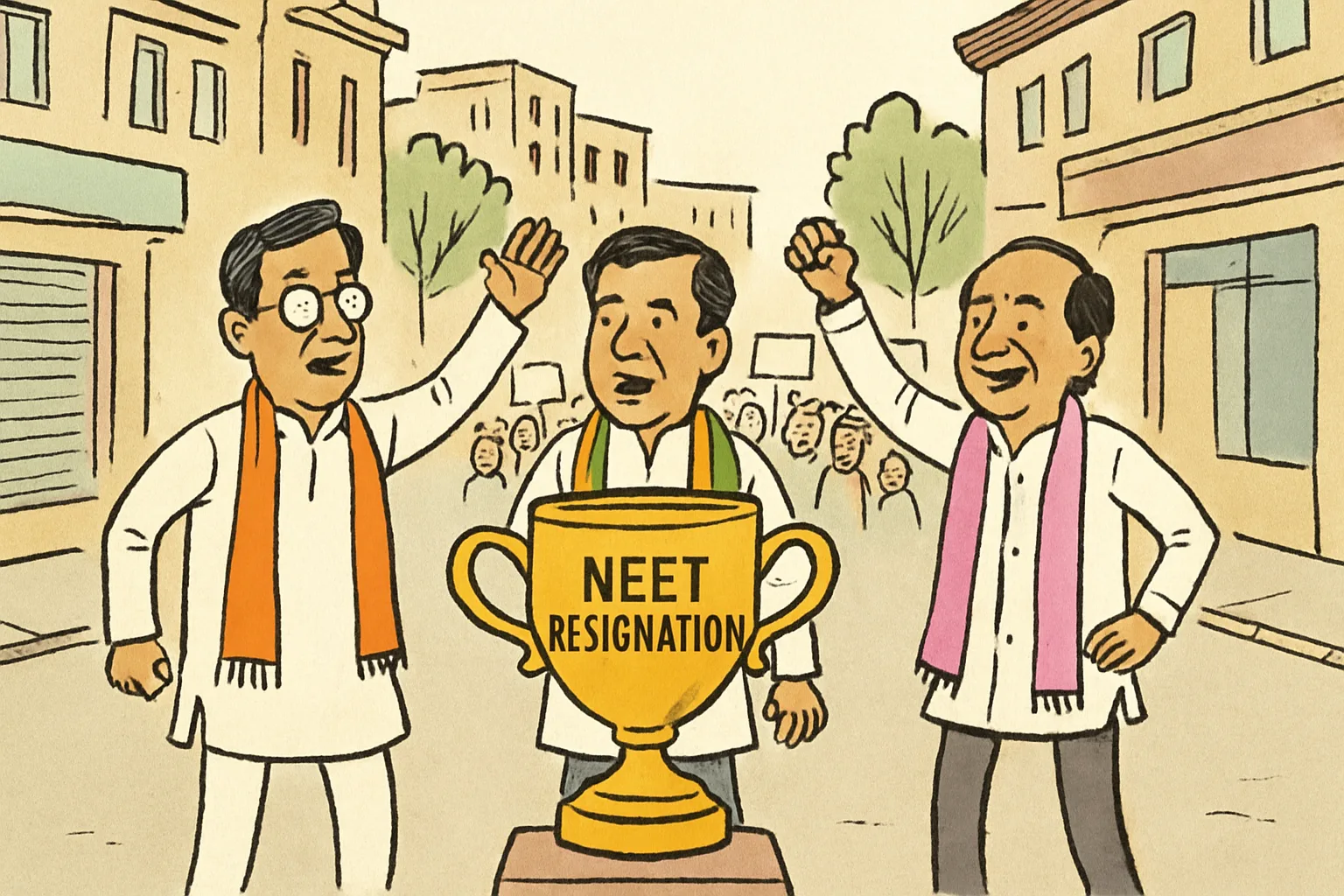 Editorial cartoon: three suited figures standing at a distance from each other, each reaching toward a large trophy labeled with text about resignation. Behind them, a crowd of protesters holding placards. Urban Hyderabad streetscape in background.