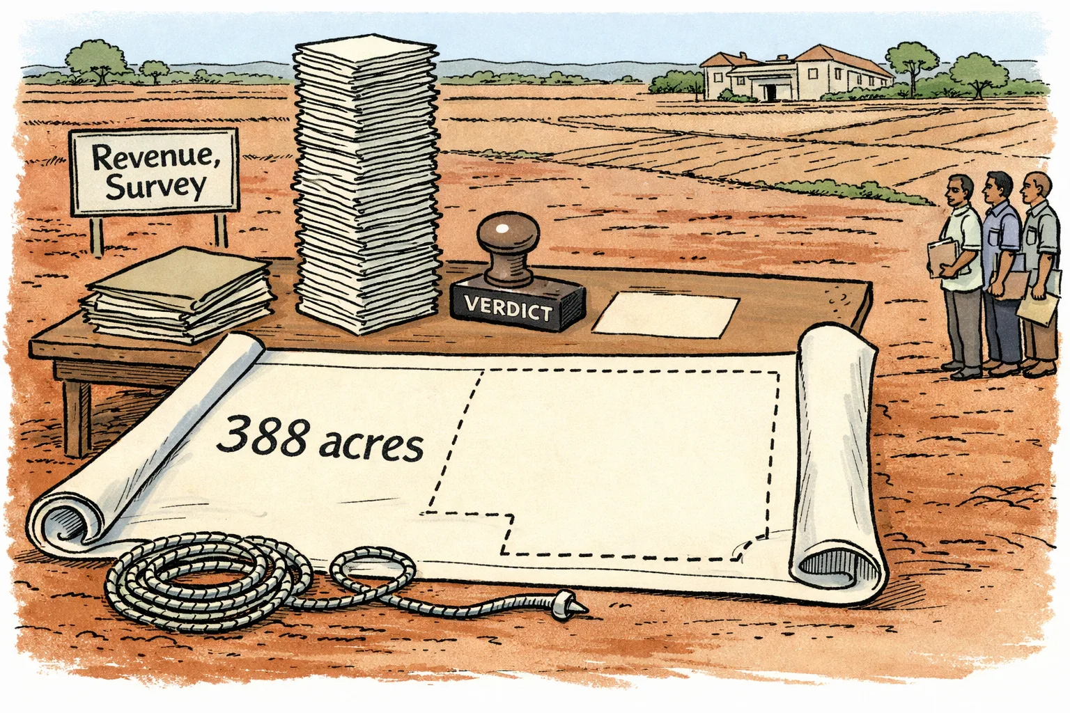 A Telangana agricultural landscape with an unfinished survey map, a tower of land notices, an unused verdict stamp and a distant farmhouse compound.
