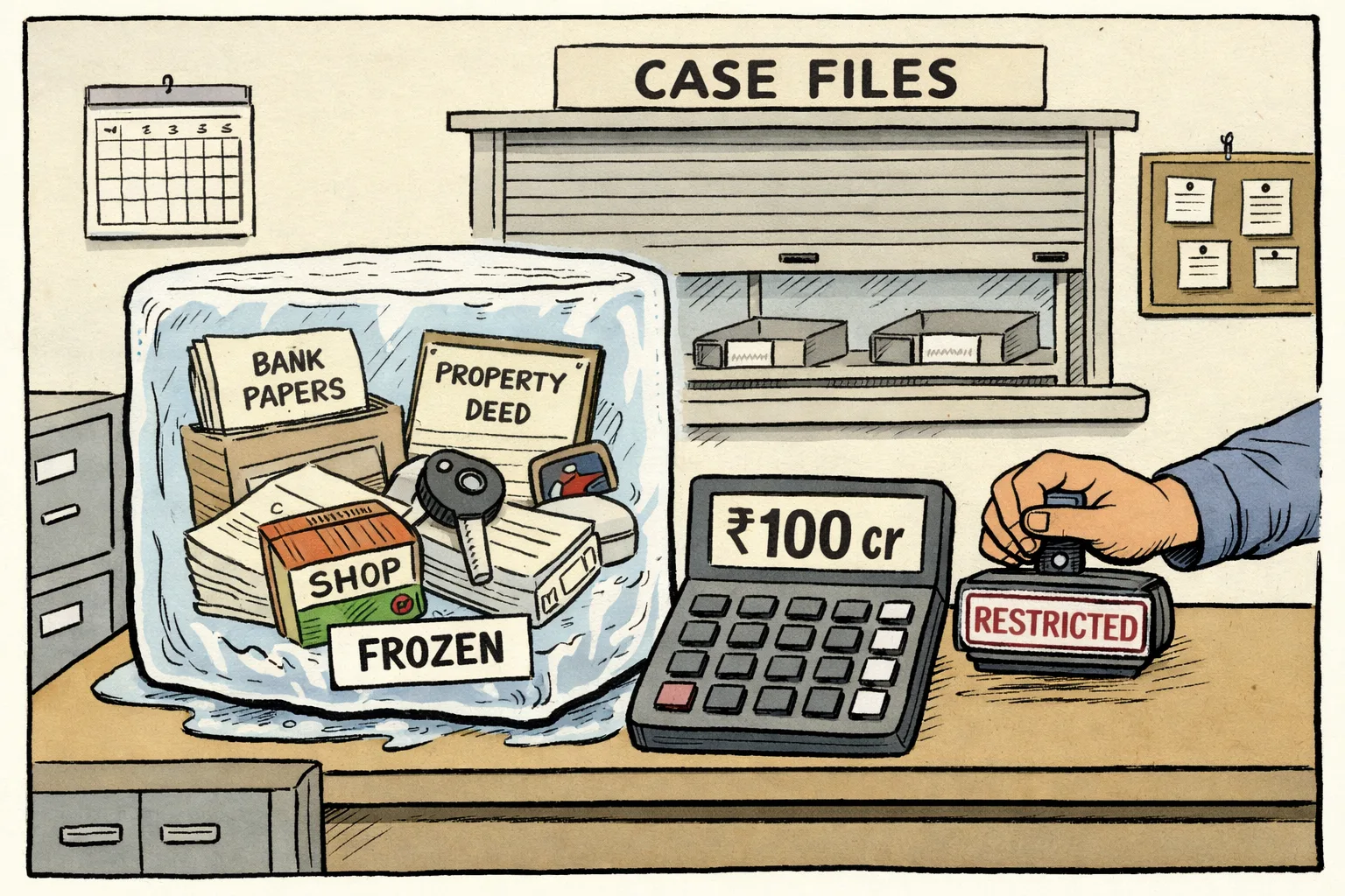 A Telangana-style government records office shows an ice block containing property papers, a car key and bank documents beside a large rupee figure, while a shuttered case-files counter sits in the background.