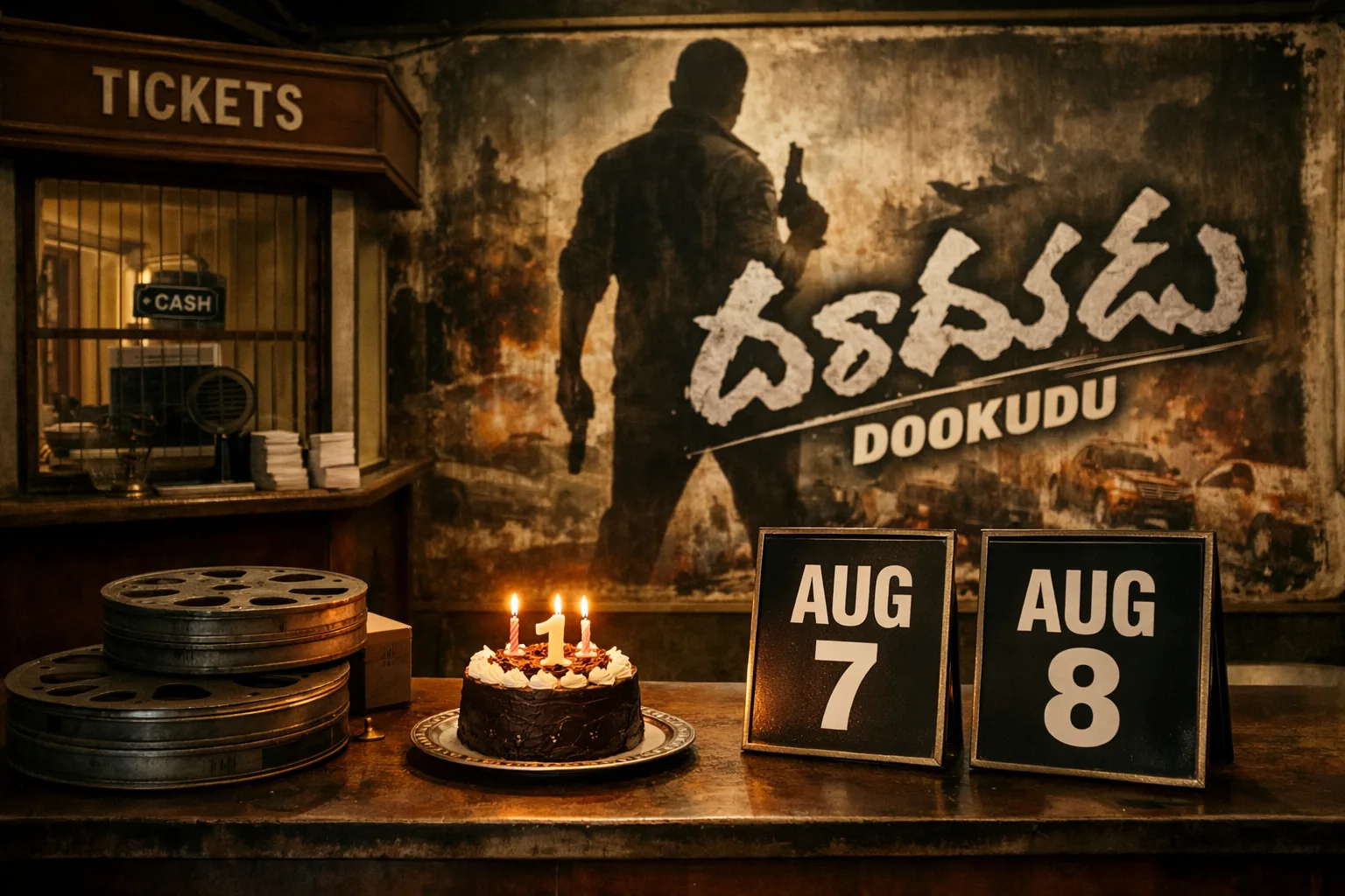 A photorealistic cinema-promotion scene with a Dookudu 4K poster, a cinema marquee showing August 7, a ticketing screen showing August 8, and a birthday cake beside film reels.