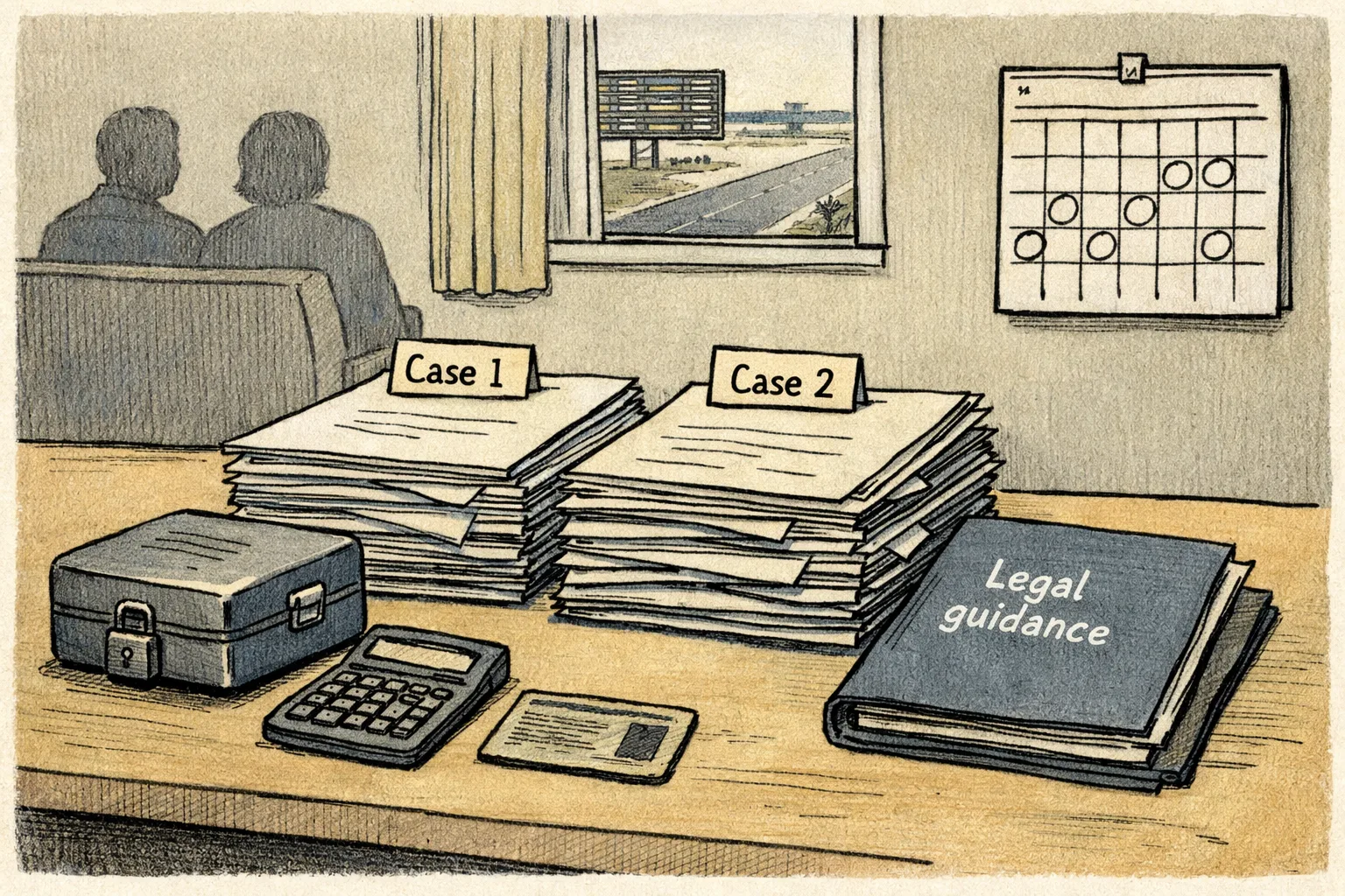 Two divided stacks of legal papers sit on a table beside a calculator, receipts, a locked suitcase and a wall calendar with circled dates; a closed folder marked “Legal guidance” rests on top.