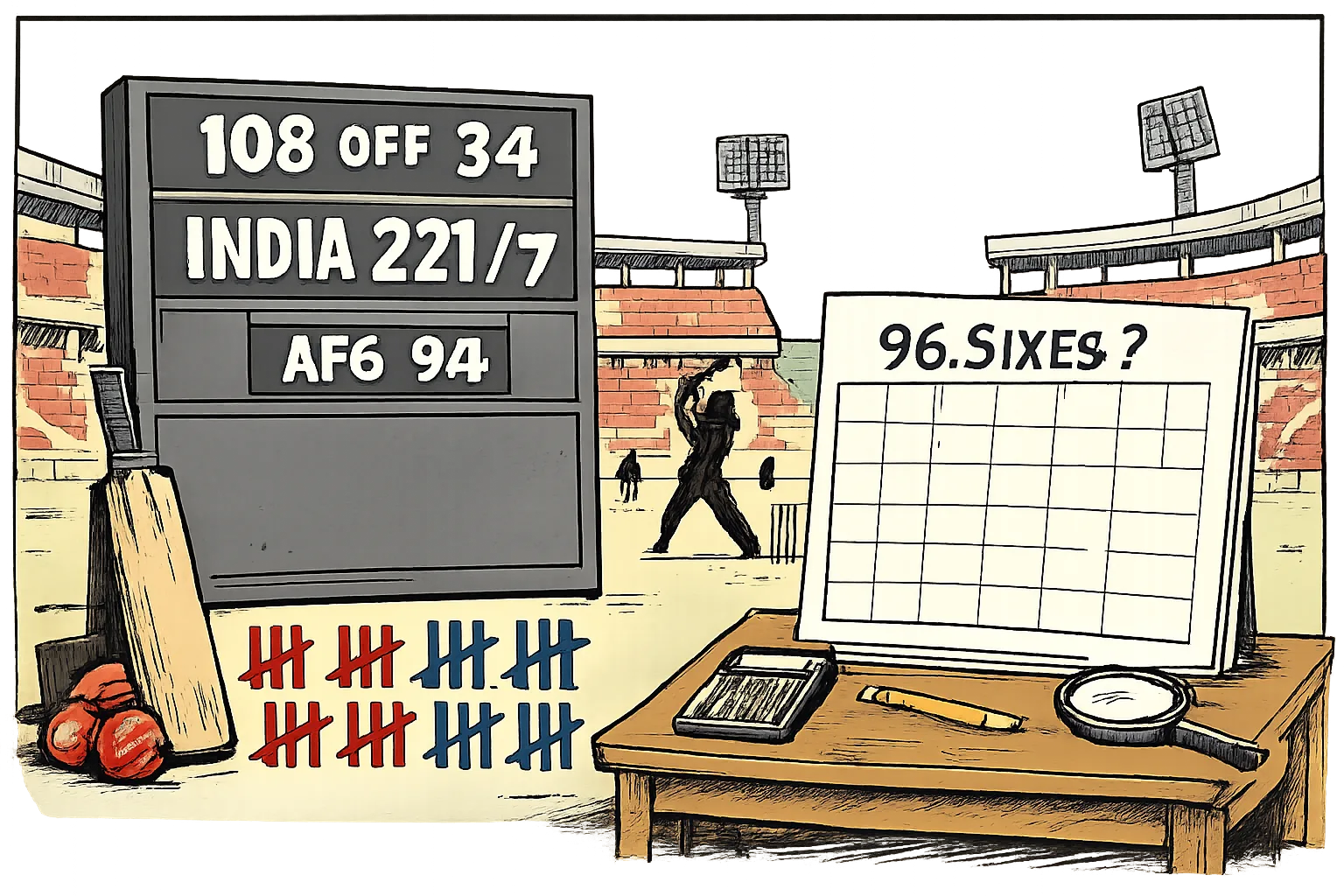 A giant cricket scoreboard showing India 221 for 7, Afghanistan 94 and 108 off 34 towers over an unfinished spreadsheet marked 96 sixes question mark.