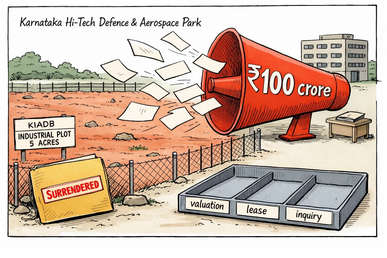 A large red press-conference megaphone labelled “₹100 crore” points at an empty five-acre industrial plot, while a small folder marked “voluntary surrender” lies beside an unattended evidence tray with blank document slots.