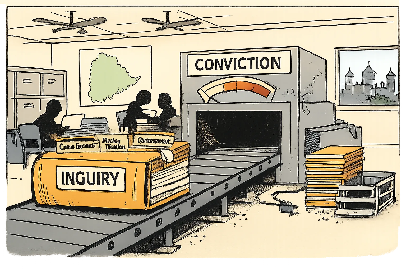 A large file marked “INQUIRY” moves on a conveyor belt toward a dusty, unplugged machine marked “CONVICTION” in a Telangana government office.
