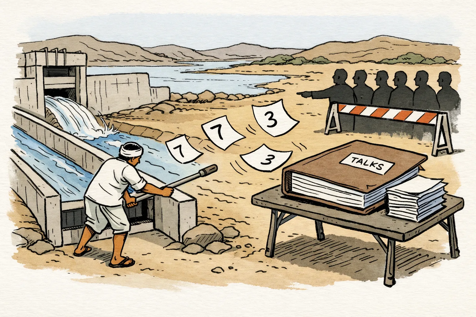 At a canal regulator near the Jurala project, a farmer opens a gate as water starts flowing, while officials stand behind a barricade beside a negotiation file and loose numbered papers.