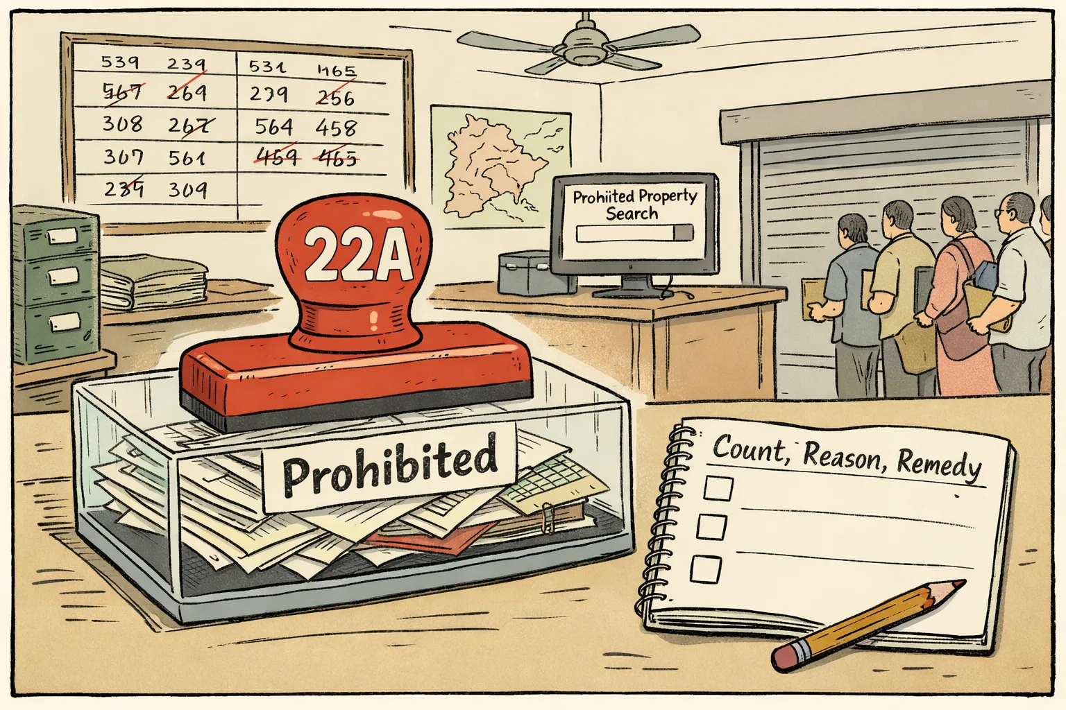 A giant 22A stamp traps property documents beneath a glass block in a Telangana government office, beside an empty homework notebook and a waiting queue of document-holders.