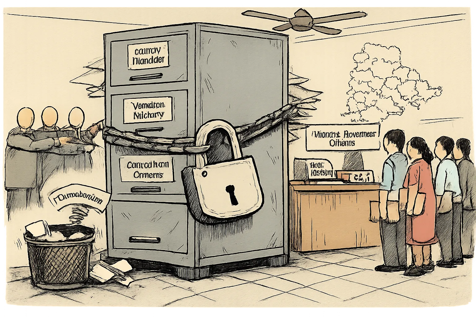 A locked government filing cabinet marked with land-record terms stands while anonymous officials point at a small paper slip labelled “overenthusiasm”; people wait beside a Telangana revenue-office counter.