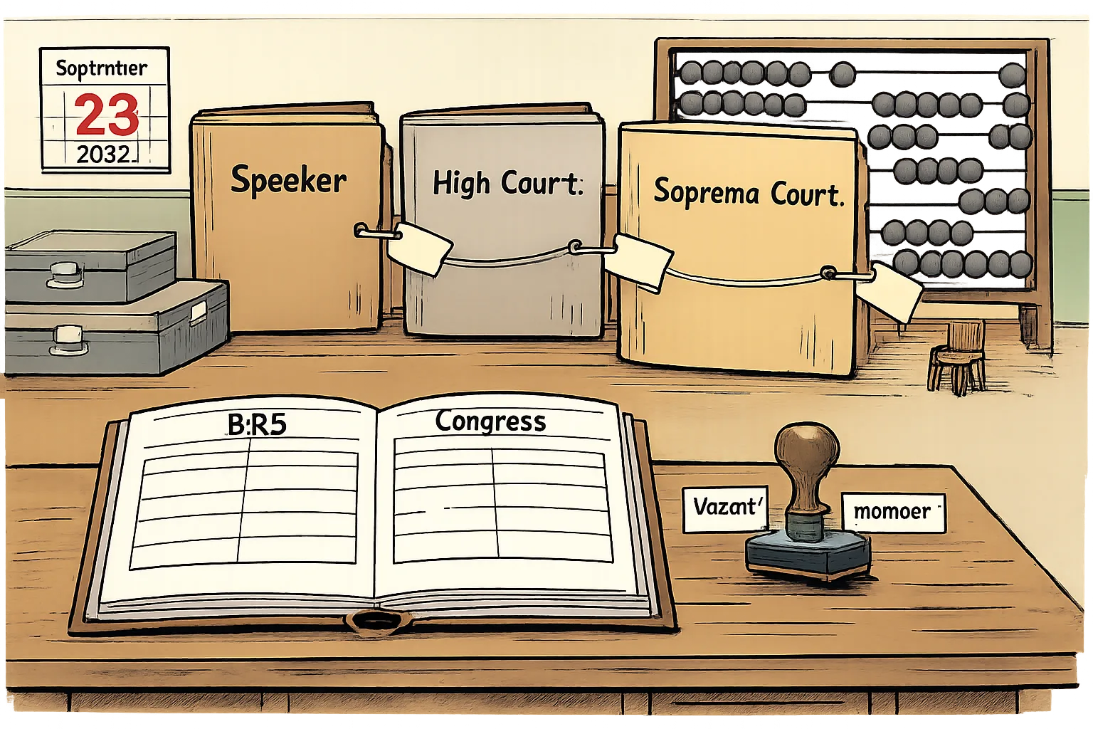 A Telangana Assembly records room contains two conflicting membership columns for one vacant seat while Speaker, High Court and Supreme Court files pass the same document between them.