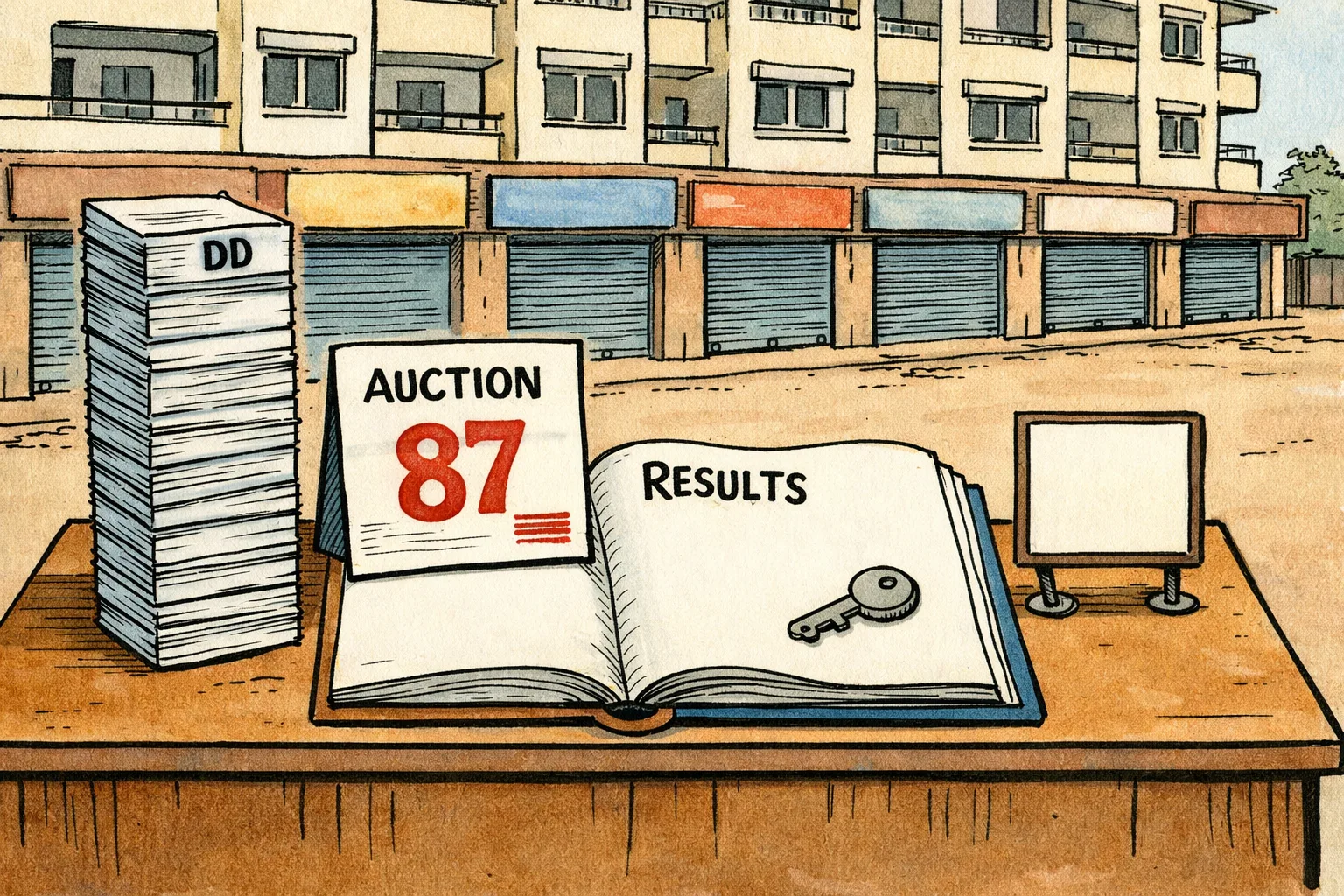 A row of shuttered ground-floor shops beneath Hyderabad 2BHK apartment blocks sits behind an auction desk piled with demand drafts, while a large blank results ledger remains open.