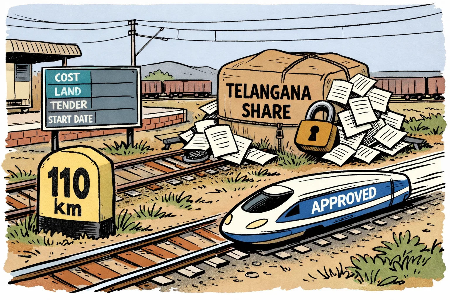 A small approved train speeds past a 110-kilometre milestone while a locked parcel labelled Telangana share sits on an overgrown railway siding beside an empty project timetable.