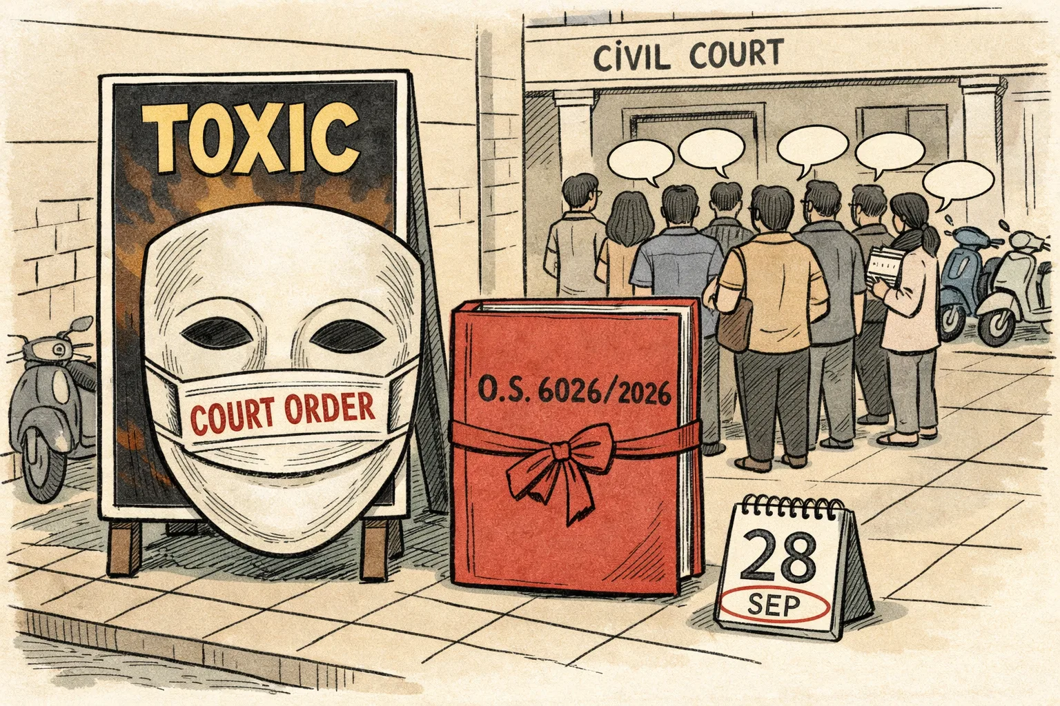 A newspaper-style cartoon outside a Bengaluru civil-court building shows a large mask stamped “COURT ORDER” covering a film poster titled “TOXIC”, beside a closed legal file and a calendar marked “28 SEP”; silent cinema-goers stand behind it.