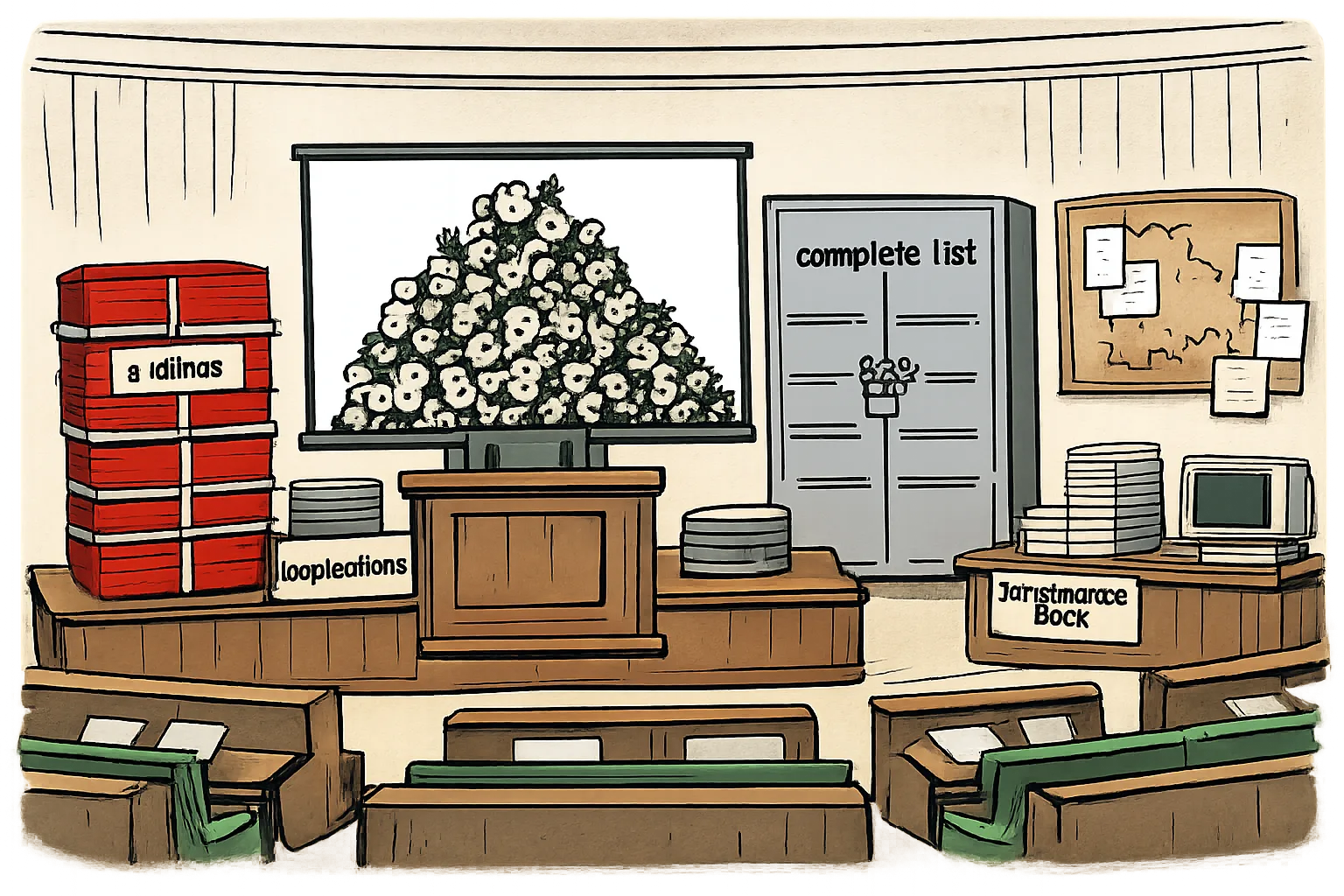 An empty Assembly-style chamber displays an oversized pile of numbers beside a smaller stack of applications, while a locked records cupboard marked complete list stands in the background.
