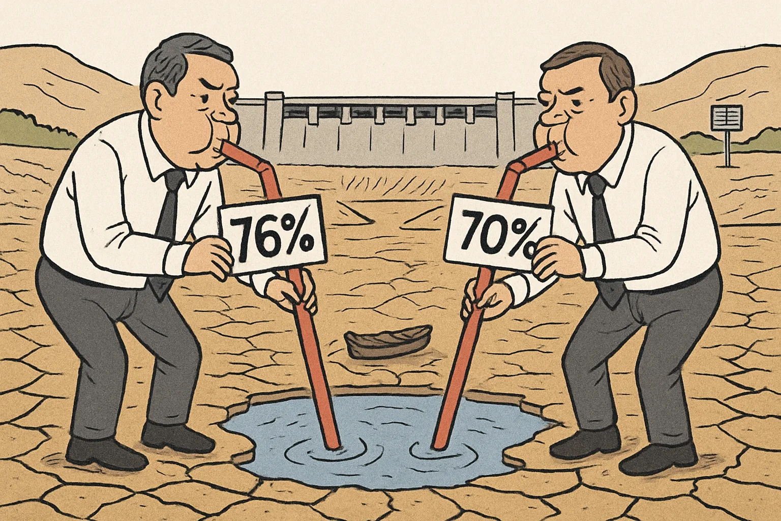 Two suited officials on opposite banks of a nearly dry reservoir each suck through a giant straw from the same shrinking puddle, holding placards reading 76 percent and 70 percent while a small boat sits stranded on the mud.