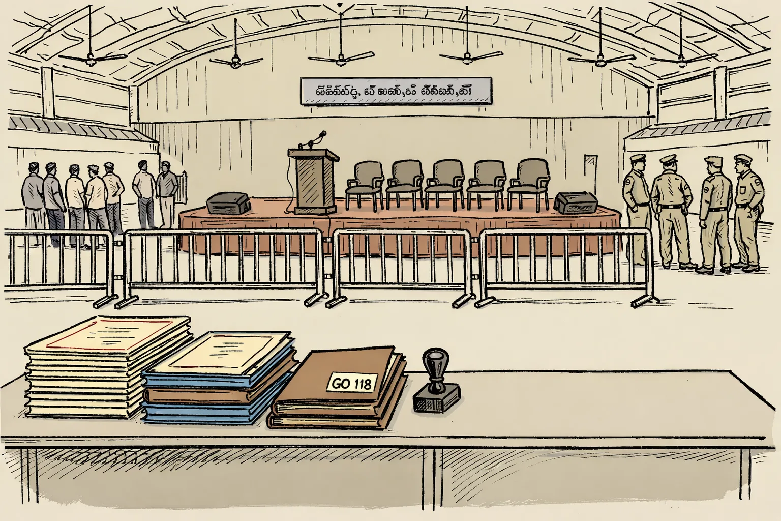 An empty stage and lectern stand behind police barricades in a stadium, while regularisation certificates and government files sit on a nearby desk.