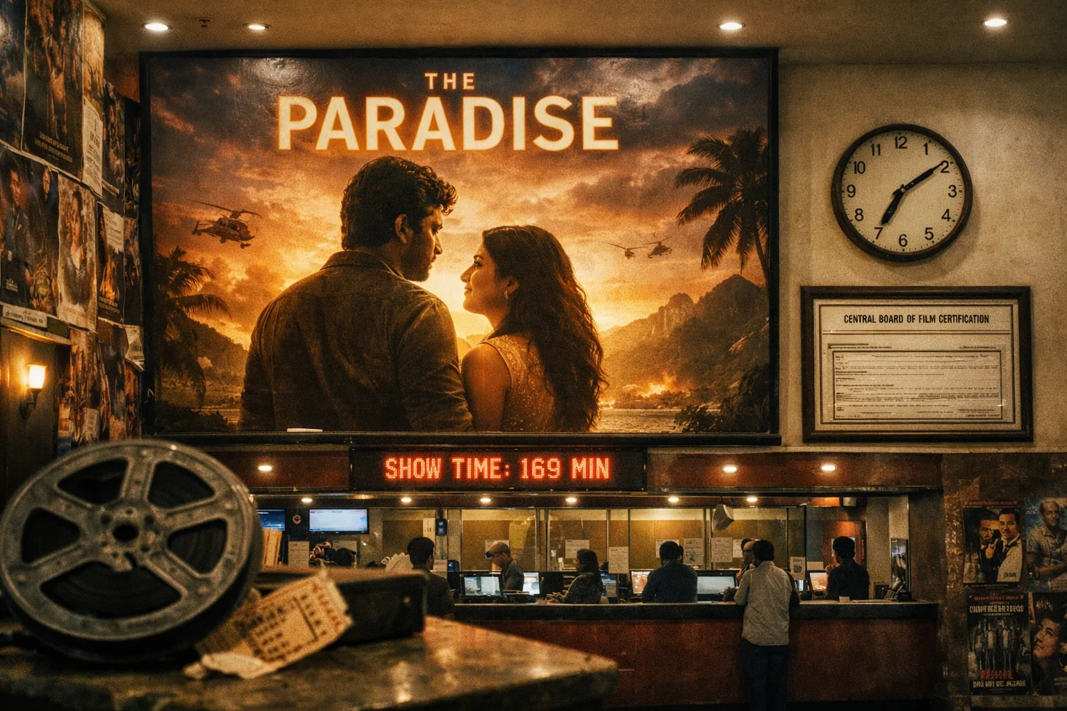 A Hyderabad cinema foyer with a promotional display for The Paradise, ticket counters, a wall clock and a CBFC notice board.