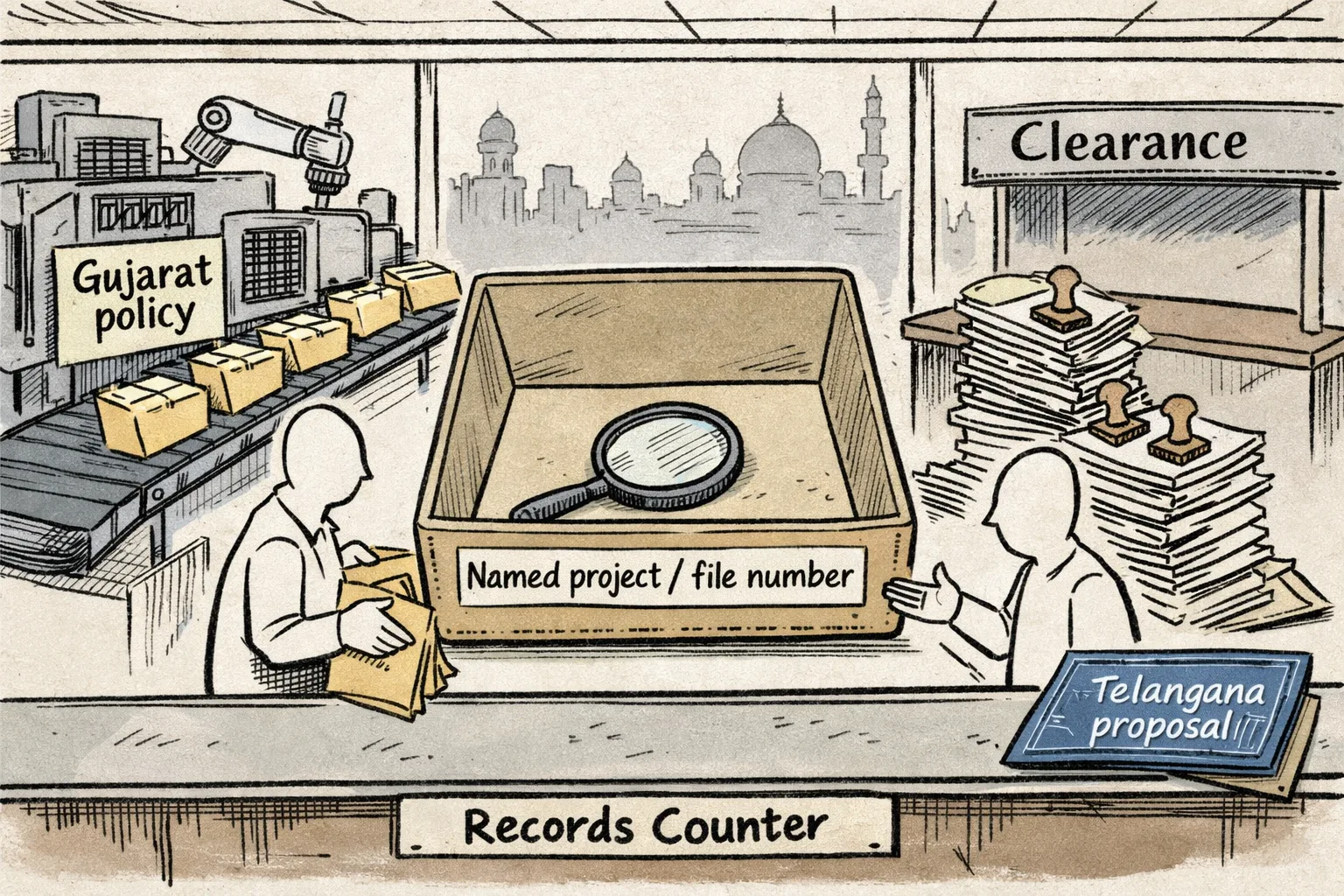 A Telangana office desk holds a blueprint for a proposed fab in a clearance queue, while a conveyor carries approval folders toward a semiconductor plant and an empty evidence box sits between them.