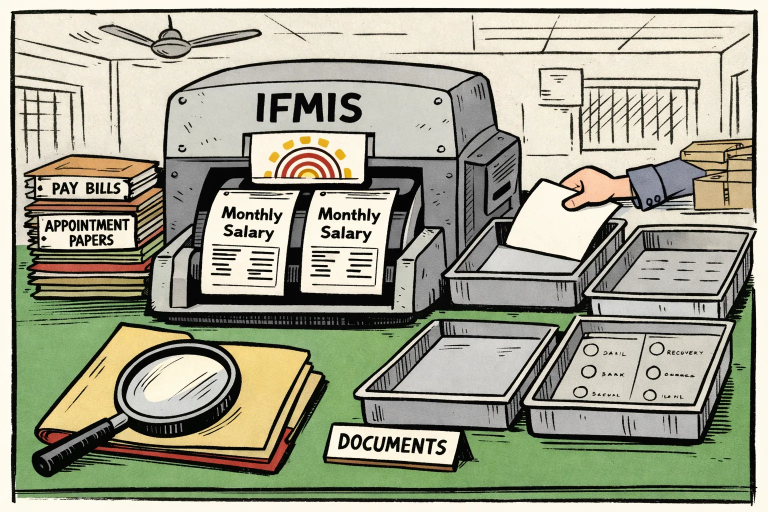 A Telangana government finance desk holds a large file marked IFMIS, with two identical salary slips emerging from one Aadhaar-shaped document while a magnifying glass rests over an empty evidence folder.