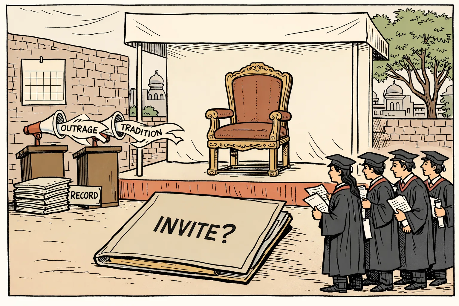A Telangana law university convocation dais with an empty chief-guest chair, a large unopened invitation folder, and graduates holding transcript pages while two party megaphones argue beside a stack of court records.