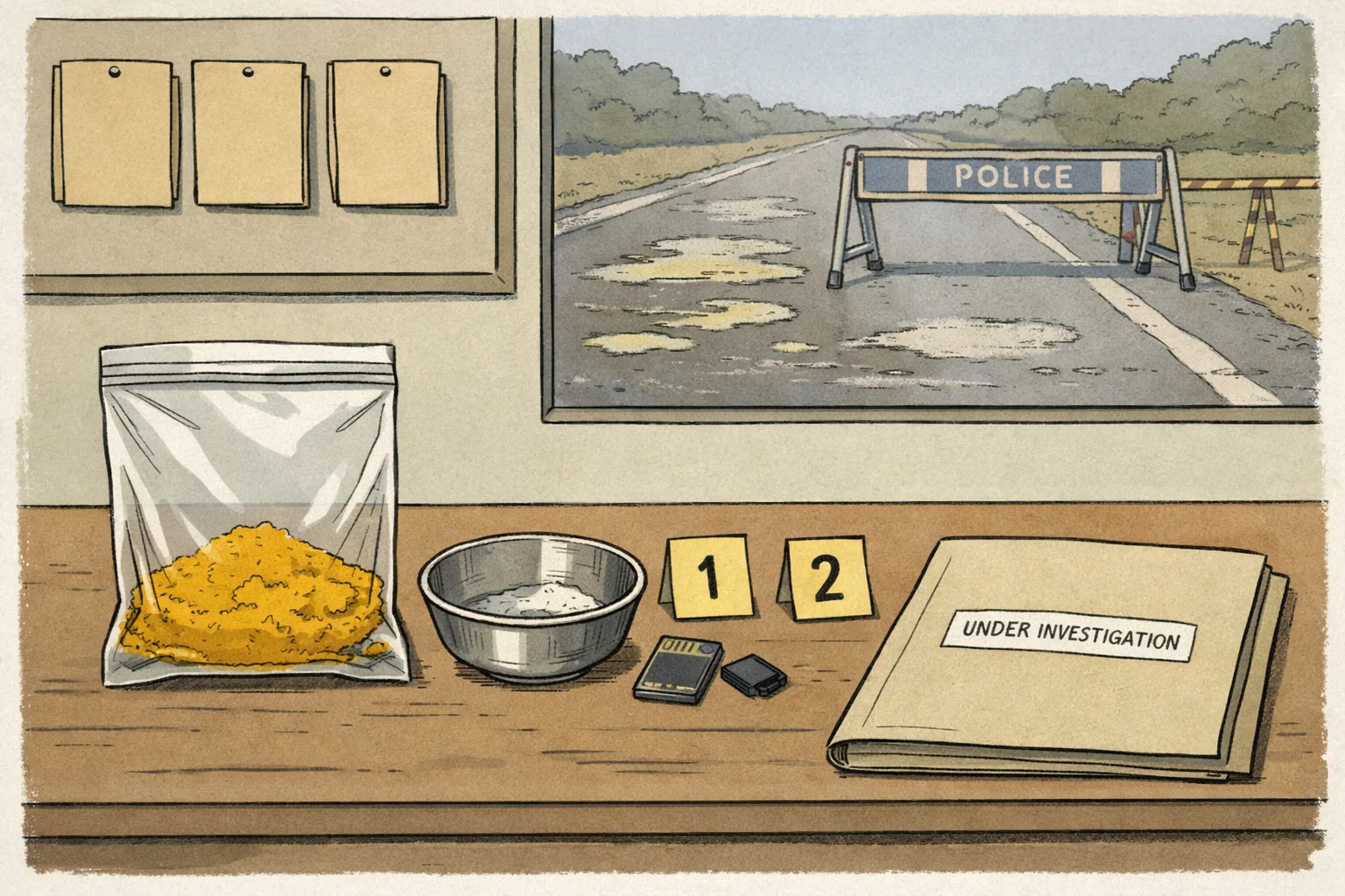 A police evidence table with turmeric, a milk-stained bowl, numbered tags and a closed investigation file, with a blurred rural Telangana road and police barricade in the background.