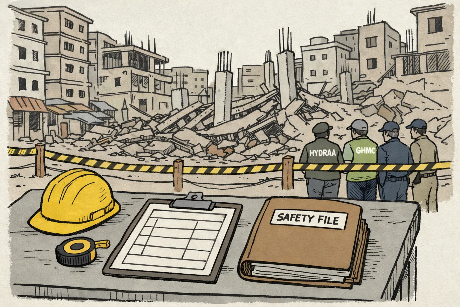 A blank civic safety file and inspection tools sit on a table beside a cordoned-off collapsed construction site in dense Madhapur, while unidentifiable officials survey nearby buildings.