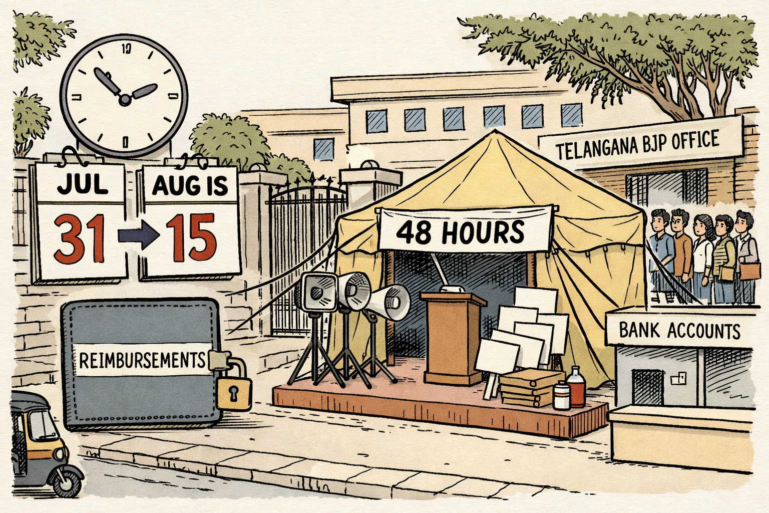 A protest tent beside an office gate faces loudspeakers, while an ignored court calendar, clock and reimbursement ledger stand next to a queue at a bank-accounts counter.