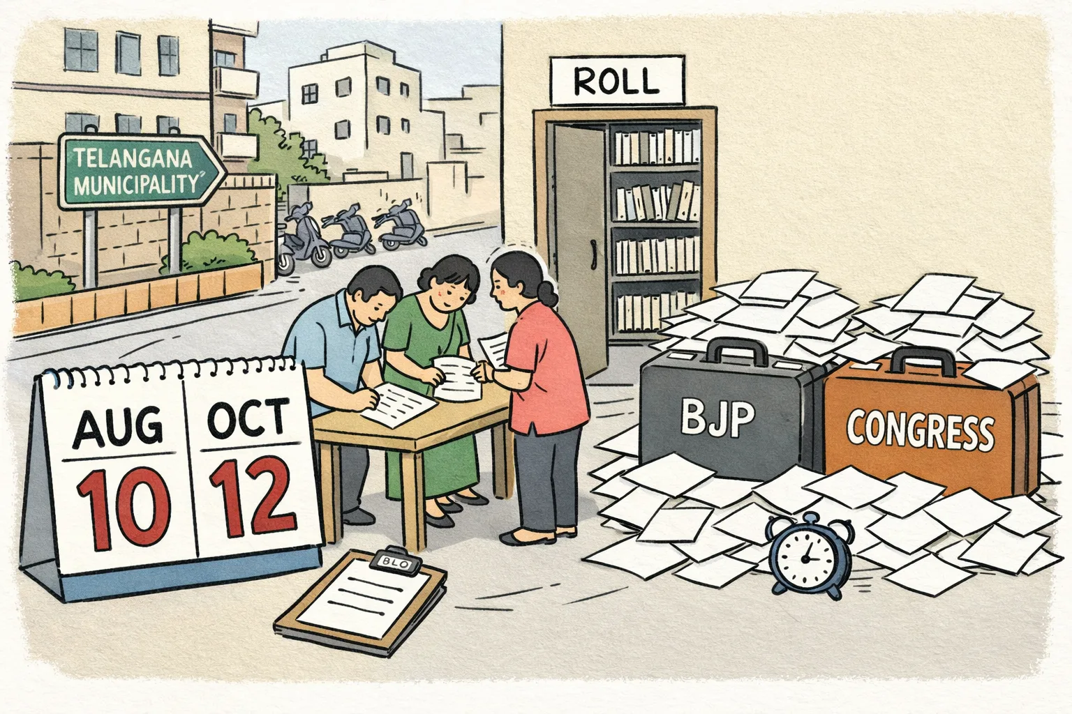 A large calendar marked August 10 and October 12 hangs over a Hyderabad street, while a long queue of voters checks forms at an open electoral office and two oversized party-office briefcases sit unopened beside a ringing telephone.