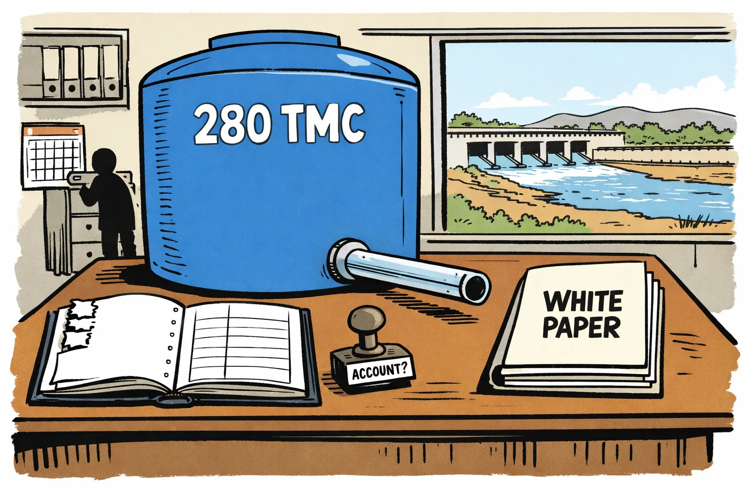 A Telangana irrigation office desk holds a giant tank marked 280 TMC and a white-paper folder beside a blank, incomplete ledger, with a canal and water-control structure visible outside.