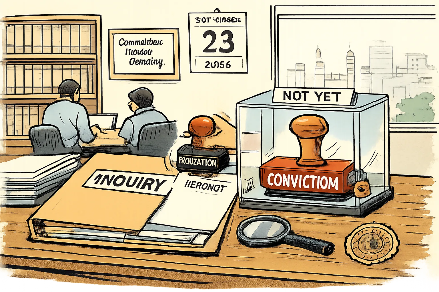 A Telangana government-office desk holds an inquiry file and paperwork, while a conviction stamp remains locked away and a blank verdict page waits inside the file.