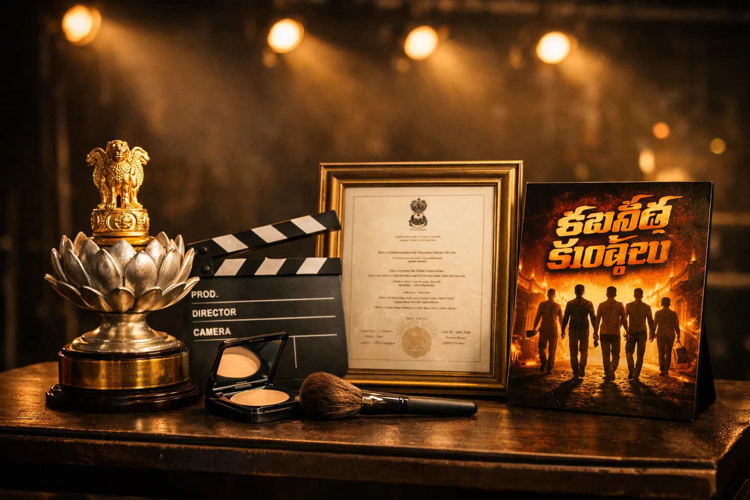 A photorealistic cinema award display with a Rajat Kamal trophy, a framed National Film Awards certificate naming a Telugu film category, and a makeup brush beside a clapperboard, arranged under bright premiere lights.
