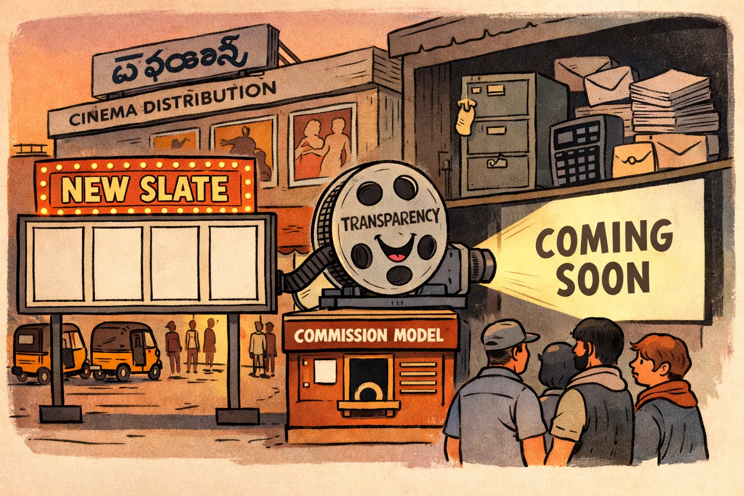 A cartoon outside a Hyderabad cinema office shows a brightly lit new film slate and a projector labelled transparency, while locked files, sealed envelopes and a blank commission board sit behind the screen.