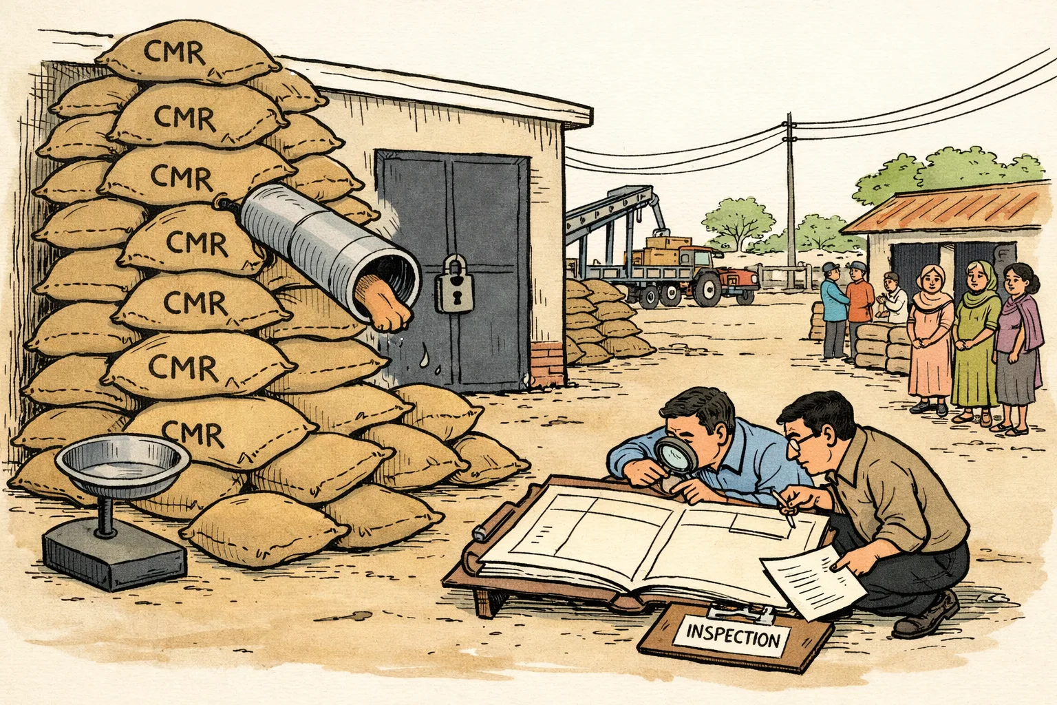 At a rice mill in Pebberu, a huge stack of paddy sacks marked CMR disappears through a narrow pipe while officials examine an oversized ledger and ration-card holders wait beside empty grain bags.