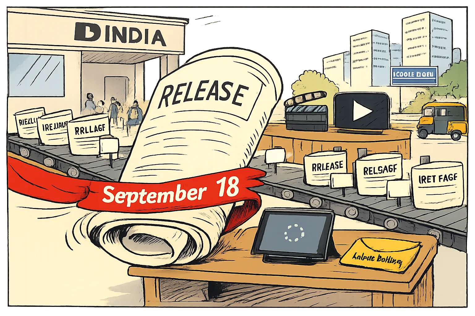 A giant press release marked “RELEASE” crosses a ceremonial ribbon while a tablet beside an unopened India listing envelope remains on a loading screen.