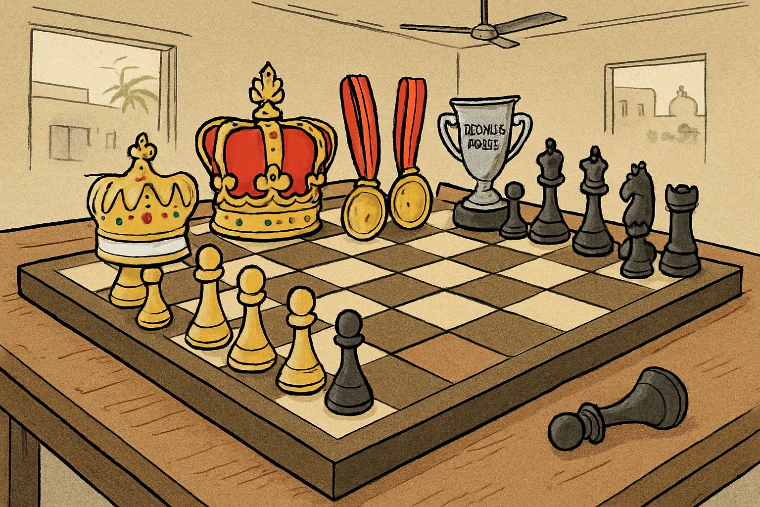 A chess board viewed from above, crowded with trophies, medals and a crown on one side. One empty square marks where a piece has been removed; that piece rests on the table beside the board, intact but sidelined.