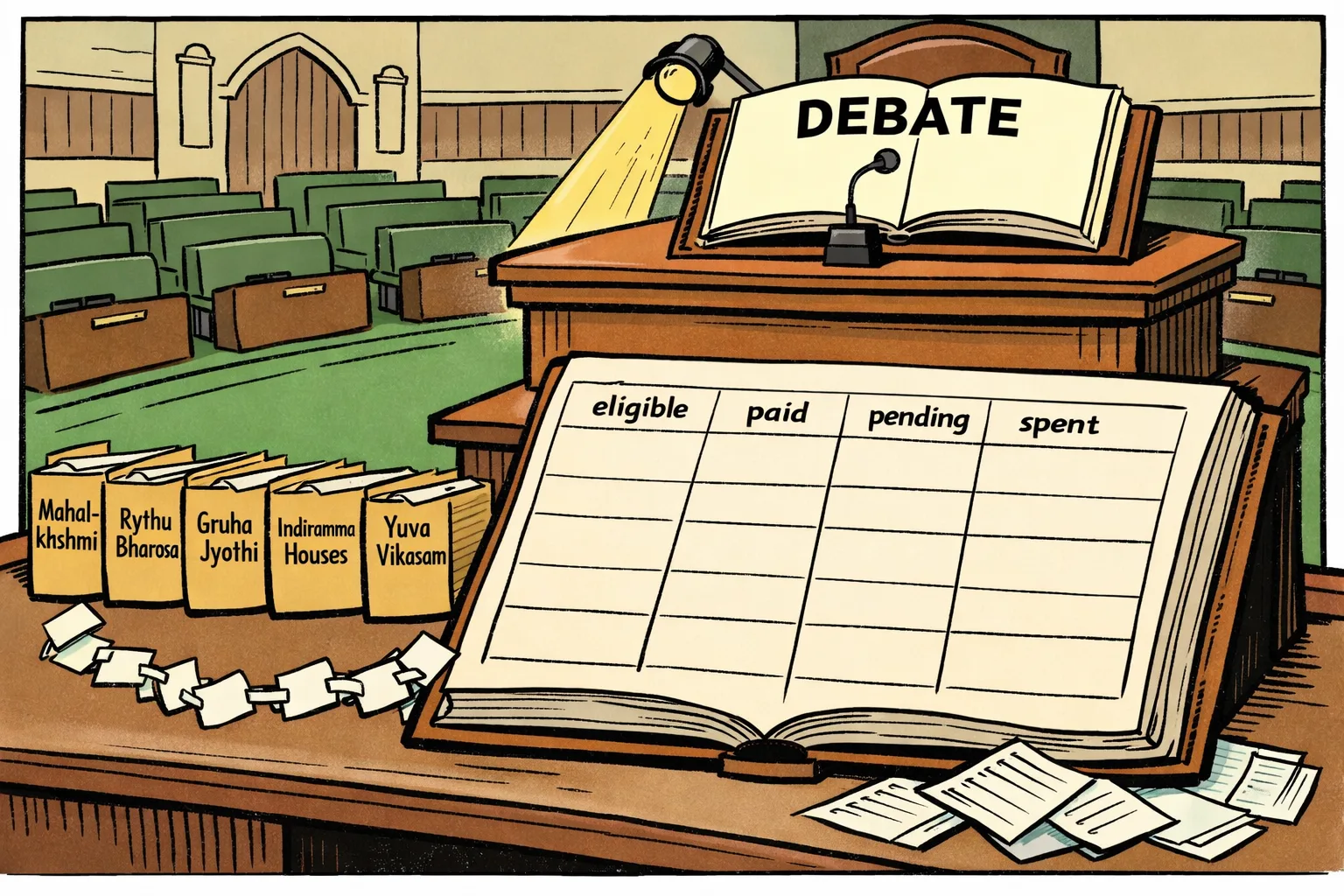 Inside a Telangana Legislature-style chamber, an oversized debate book sits under a spotlight while a large ledger in the foreground has columns for eligible, paid, pending and spent but mostly empty cells.