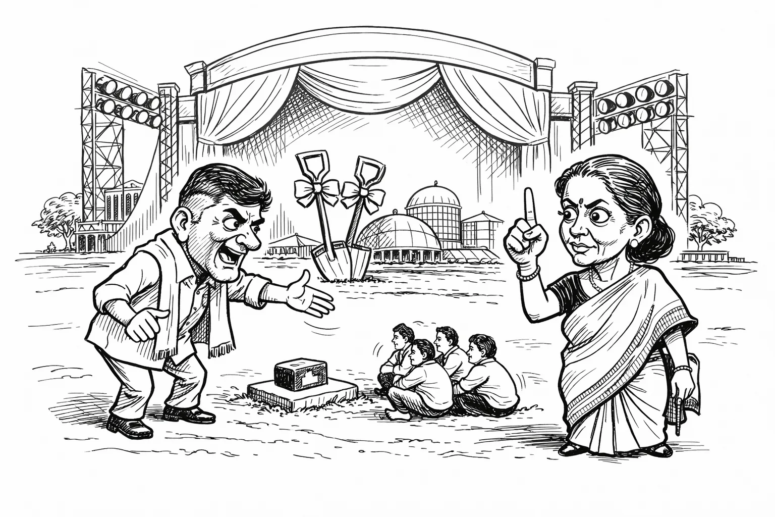 Andhra Pradesh Chief Minister N Chandrababu Naidu gestures for people on a railing to sit beside a tiny foundation slab, while Union Finance Minister Nirmala Sitharaman raises one finger; an enormous ceremonial launch surrounds the otherwise empty site.